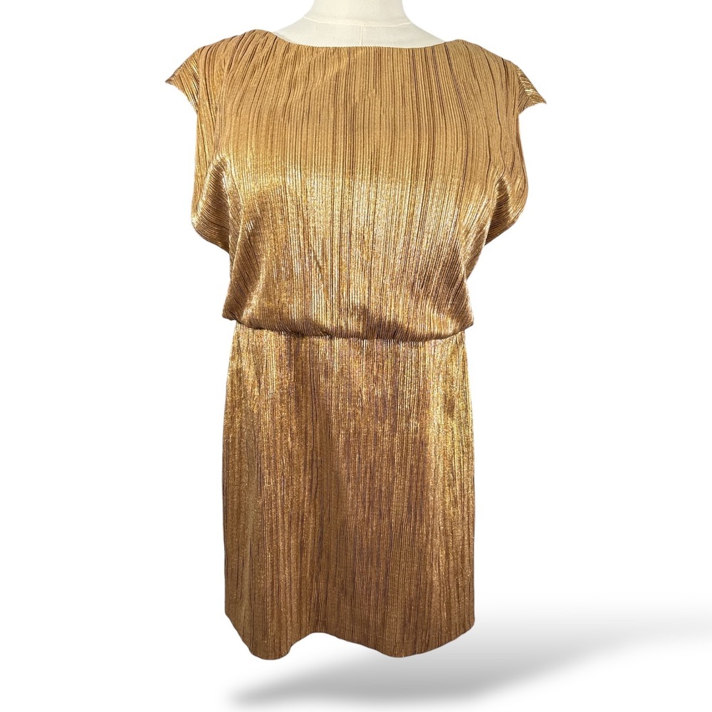 Phoebe Couture Gold Metallic Pleated Mini Dress Womens 12 Sleeveless Cocktail